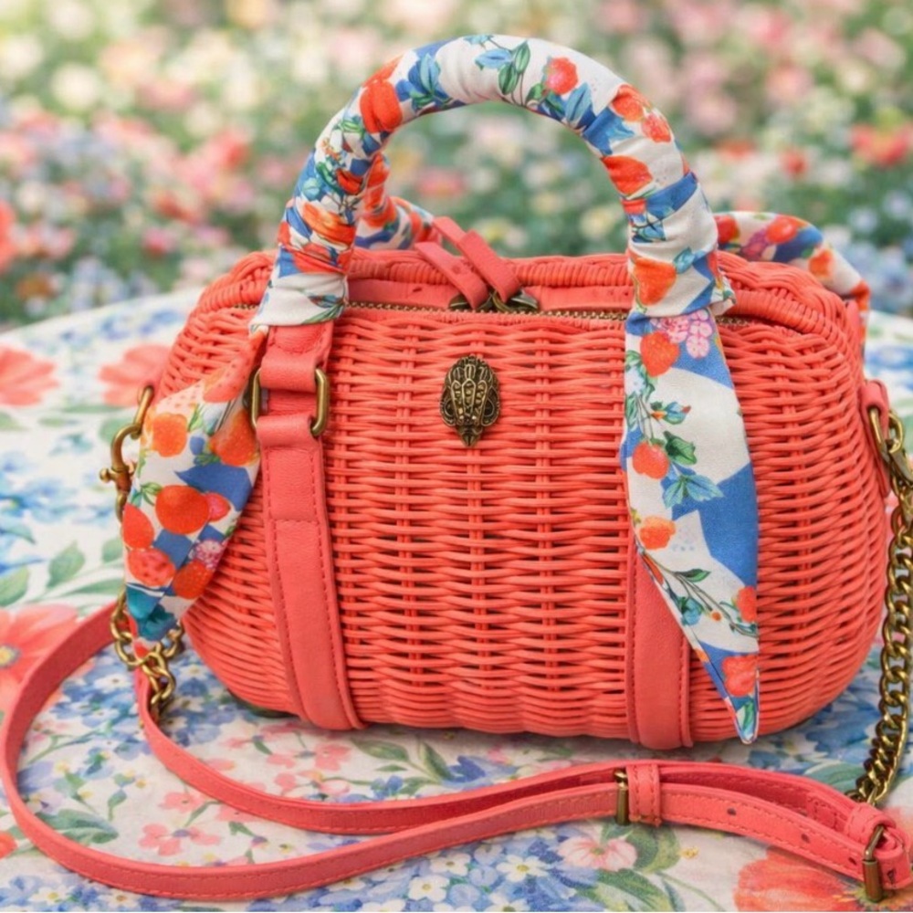 Kurt Geiger Coral Woven Crossbody Bag with Floral Scarf Accent